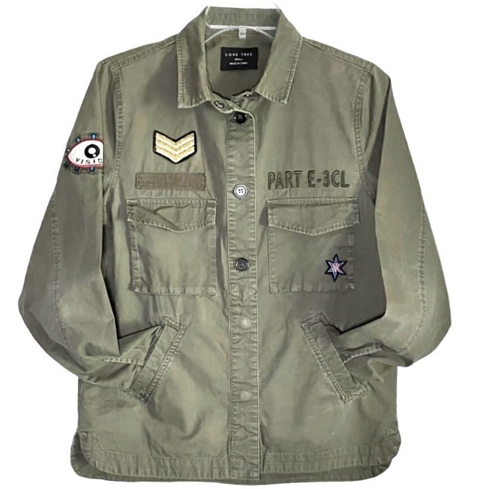 Love Tree Military Style Shirt Jacket with Patches in Olive Green Women’s S